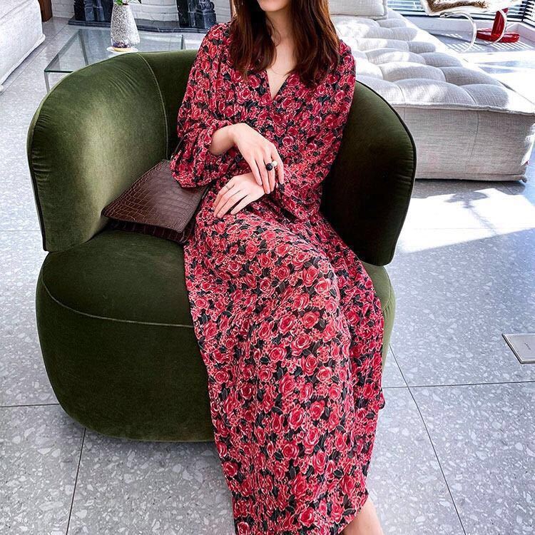 Đầm Voan Hoa Tay Dài Thời Trang Retro Cho Nữ Mùa Xuân Thu 2021 váy hoa nhí