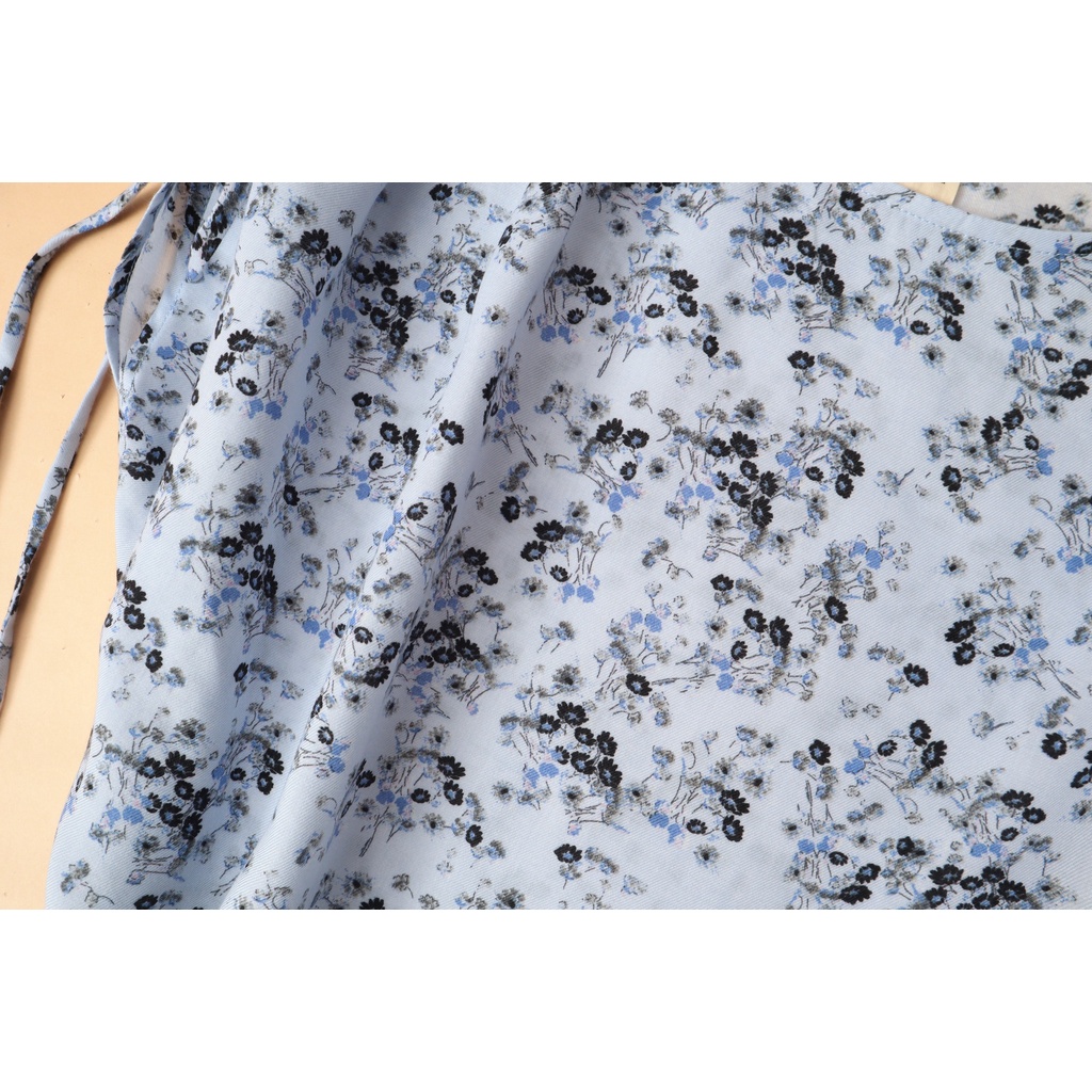 Áo kiểu cánh dơi nữ cotton KACHISA dây rút vai hoa màu xanh, họa tiết hoa văn xinh xắn
