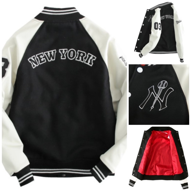 [CHÍNH HÃNG] ÁO KHOÁC BÓNG CHÀY MLBNY BASIC ĐEN TRẮNG TAY DA - ÁO BOMBER THỂ THAO - VARSITY JACKETS