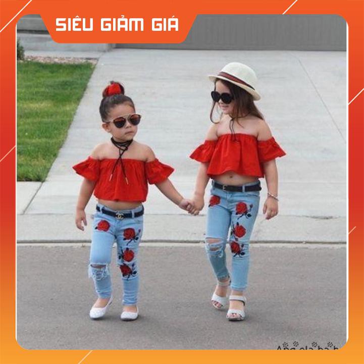Set Áo Trễ Vai + Quần Jean Rách Thời Trang Cho Bé Gái - Hàn nhâp khẩu