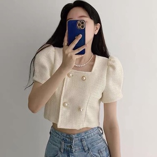 Áo khoác ngắn tay cổ vuông tay phồng vải dạ tweed cúc ngọc croptop sang chảnh điệu đà