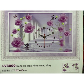 Tranh thêu chữ thập đồng hồ Hoa Hồng Tím DV3009
