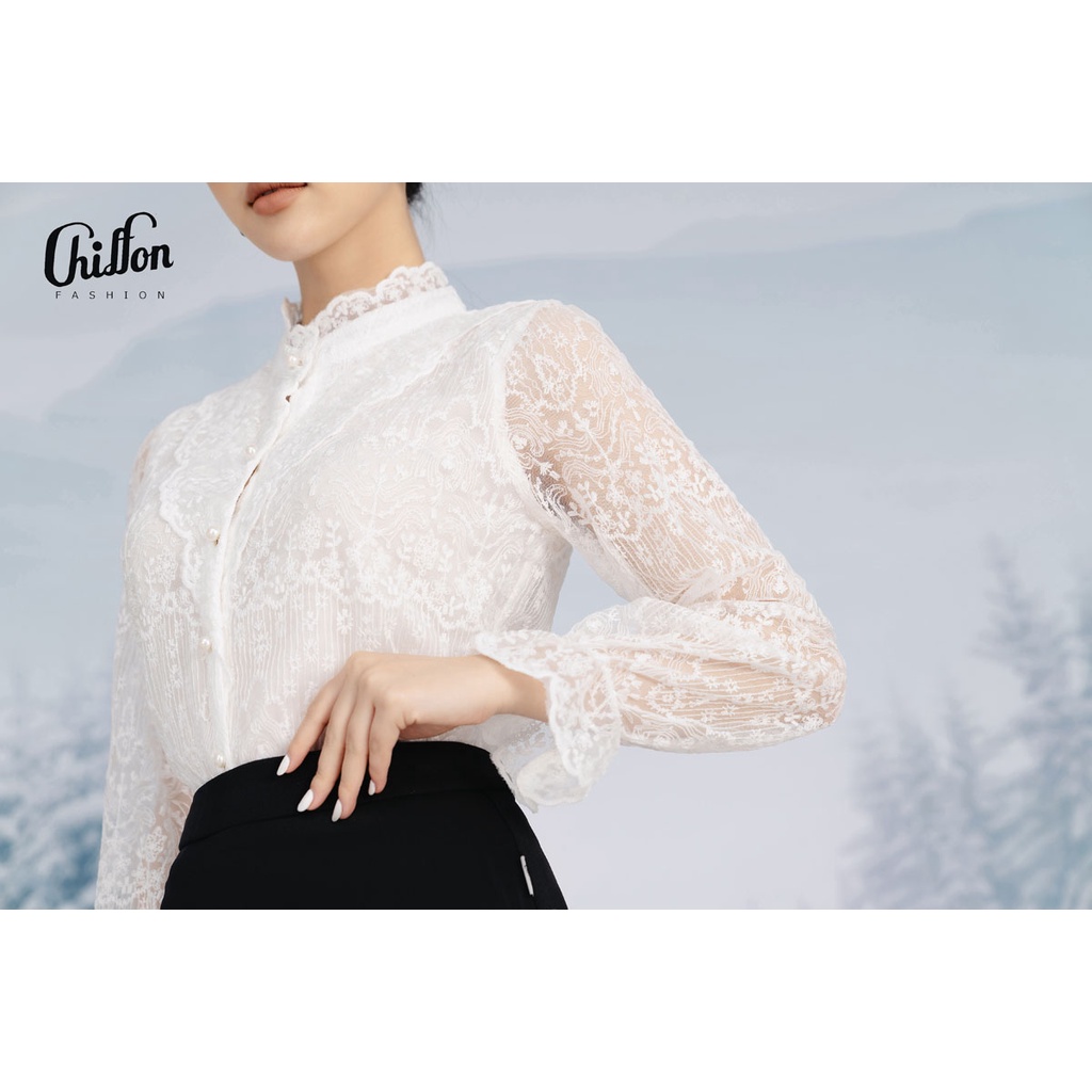 Áo sơ mi ren tay lỡ họa tiết cổ bèo thiết kế by Chiffon