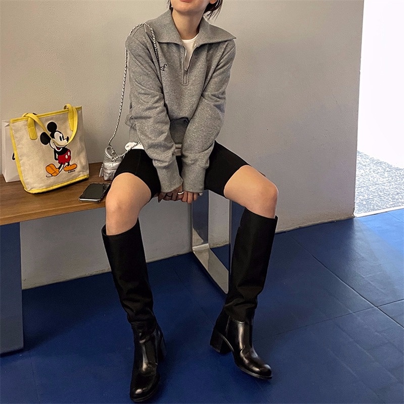 Áo Nỉ Nữ Dài Tay Cổ Bẻ Có Dây Kéo Thêu Hoa Văn Mới