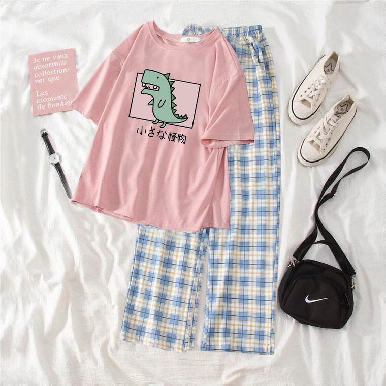 Sét Áo Khủng long ô vuông + quần kẻ xanh, Áo thun from rộng, Chất đẹp không xù, quần ống rộng, Sét bộ mặc ở nhà - MODY