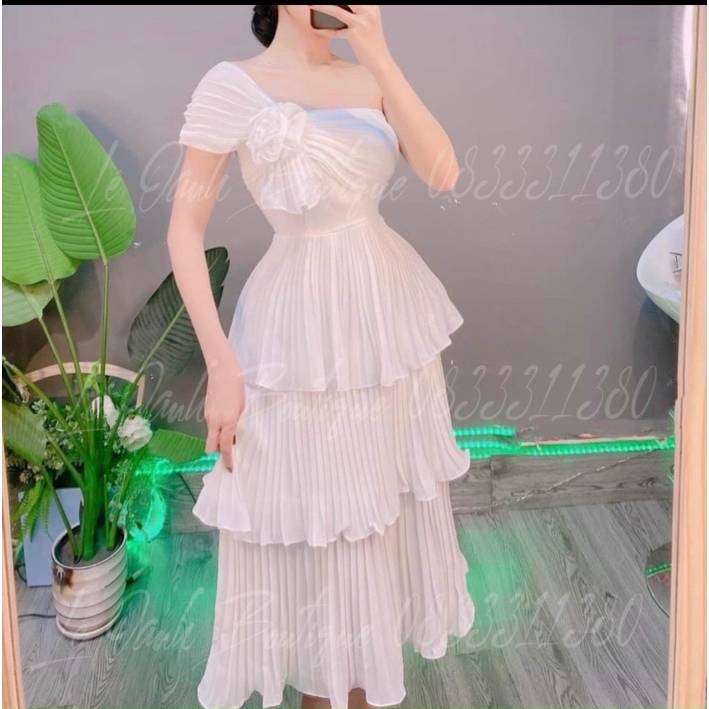 Đầm xoè lệch vai dập ly dây trắng hở xéo lưng sexy công chúa đi tiệc sang trọng nơ tay ngắn xếp dập ly ulzzang
