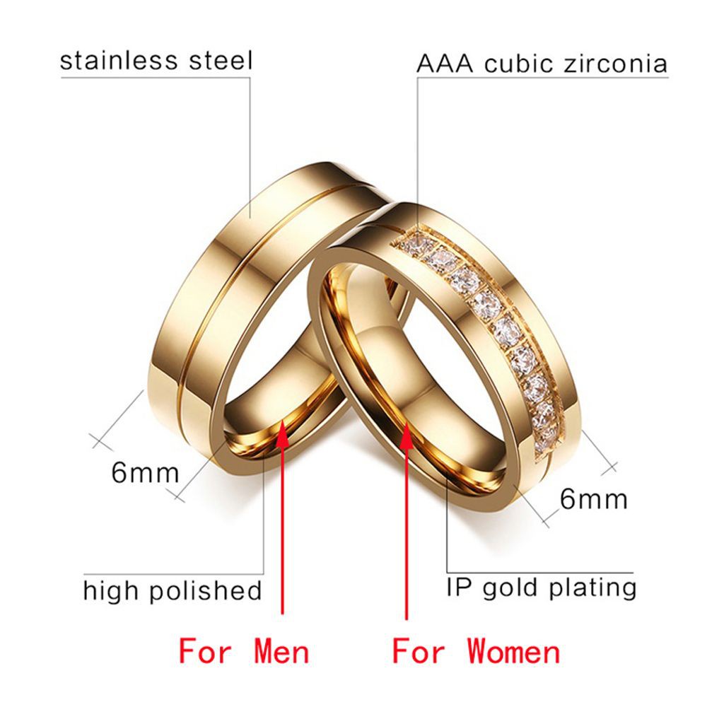 Nhẫn cưới bằng thép không gỉ mạ vàng 18K đính đá zircon sành điệu cho cặp đôi
