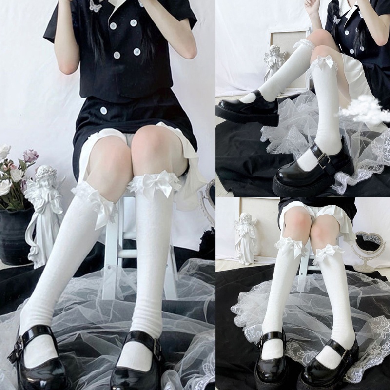 Đôi vớ dài tới gối phối ren màu sắc ngọt ngào phong cách Lolita dành cho nữ đàn hồi