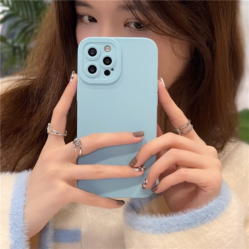 Ốp điện thoại TPU mềm bảo vệ camera màu xanh dương/xanh lá đơn giản thời trang cho IPhone 13 12 11 Pro Max XR 8 7 Plus