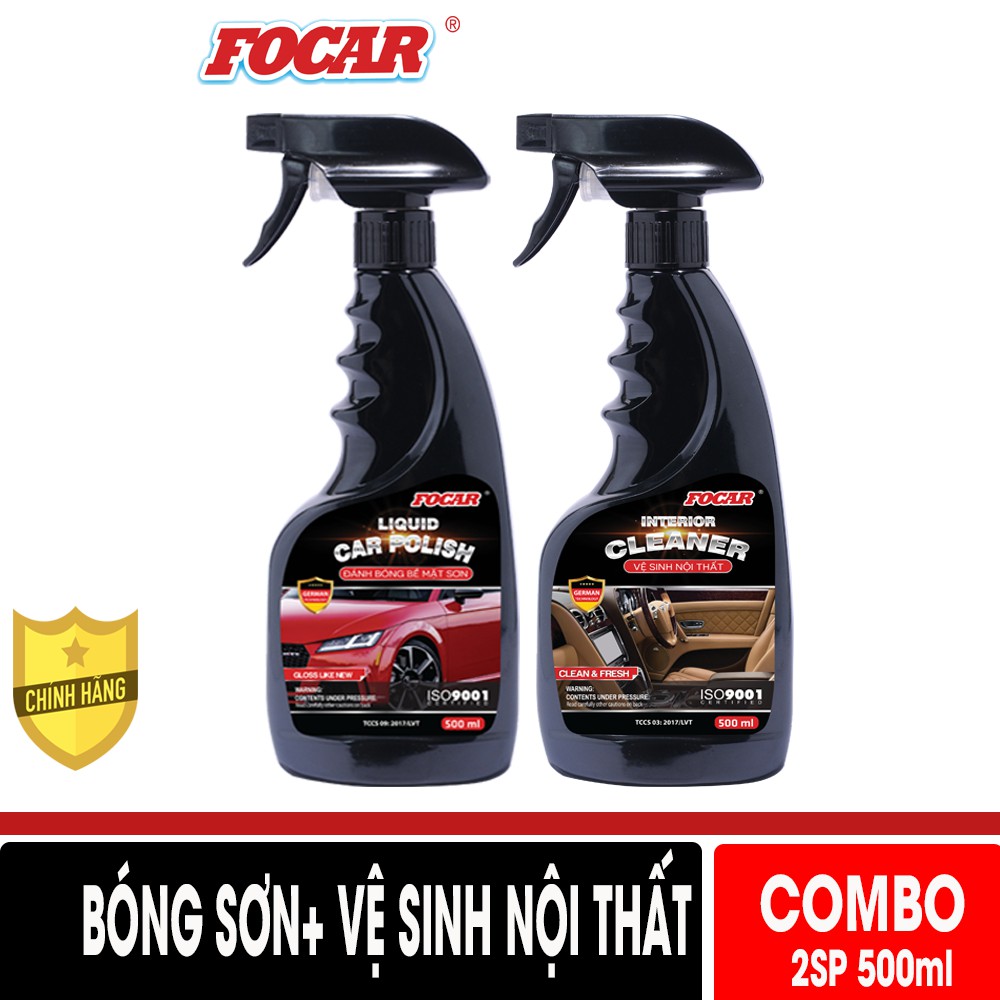 Bộ 2 chai xịt  Bóng bề mặt sơn ô tô FOCAR Liquid Car Polish 500ml + Vệ sinh nội thất Interior Cleaner FOCAR 500ml