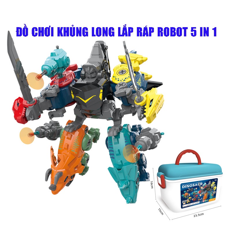 Đồ chơi 5 khủng long lắp ráp robot biến hình, kèm tô vít tháo lắp, khủng long bắn tên có hộp đựng cao cấp cho bé