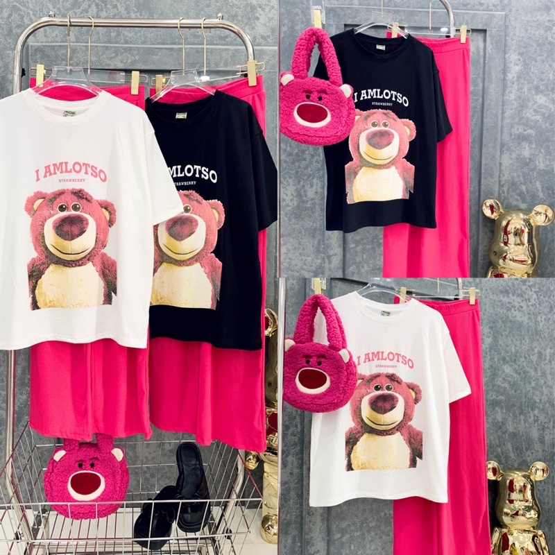 Set áo cotton gấu lotso xinh xắn quần suông hồng hình thật W4