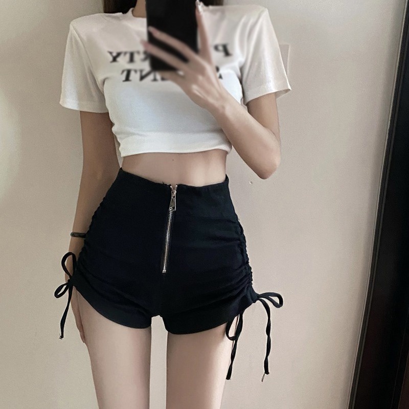 Quần Short Lưng Cao Màu Sắc Đơn Giản Phối Dây Rút Phong Cách Hàn Quốc Quyến Rũ Cho Nữ