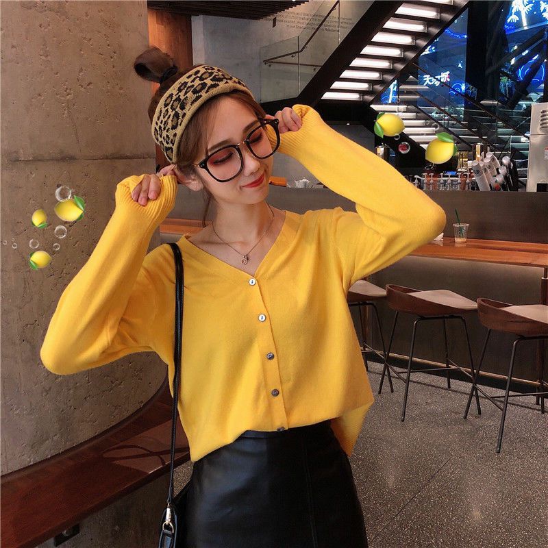 Áo Thun Len Áo Khoác Cardigan Tay Dài Nữ Ulzzang Cổ Tim