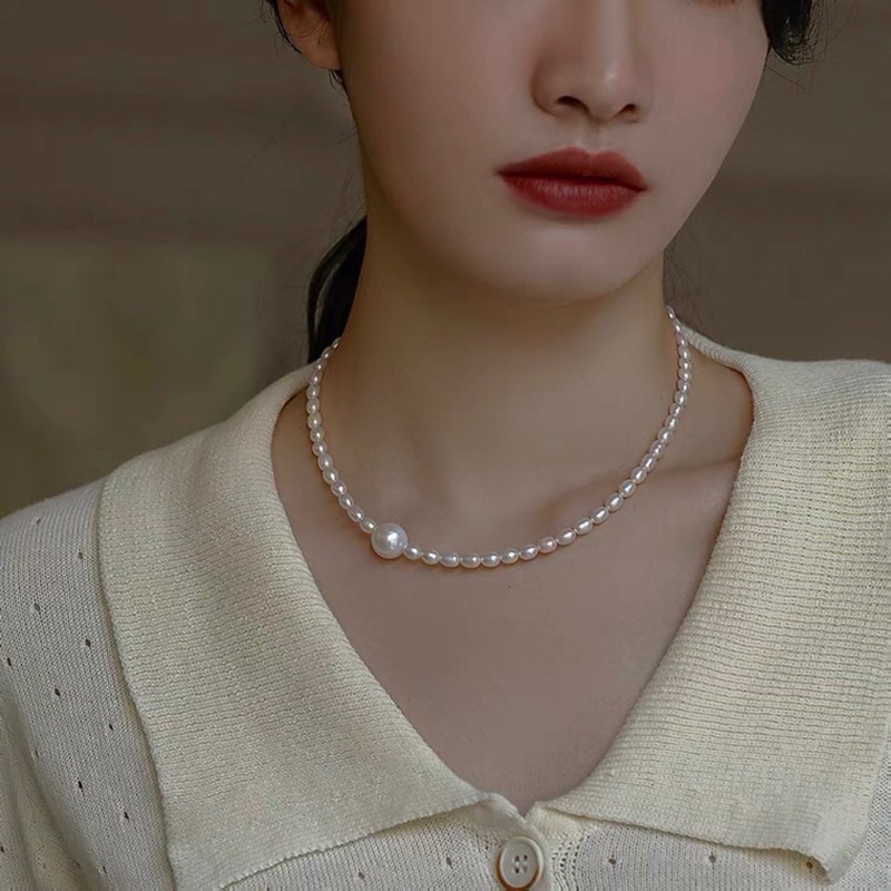 Vòng cổ hạt trai nhân tạo gạo size 6ly khóa bạc