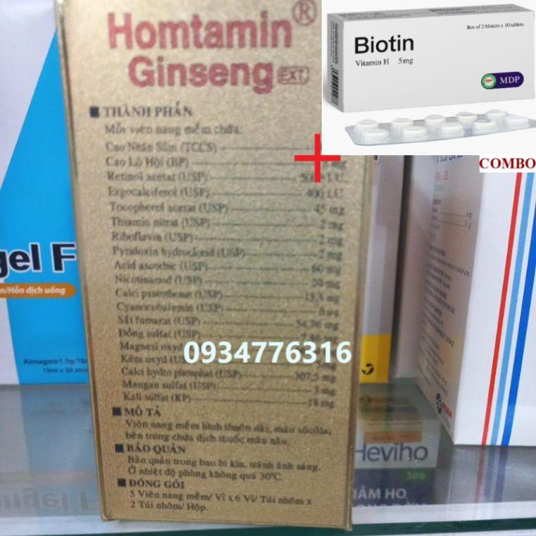 Combo Biotin 5mg+ Homtamin Korea nhập khẩu chính hãng có sâm hộp 12 vỉ x 5 viên
