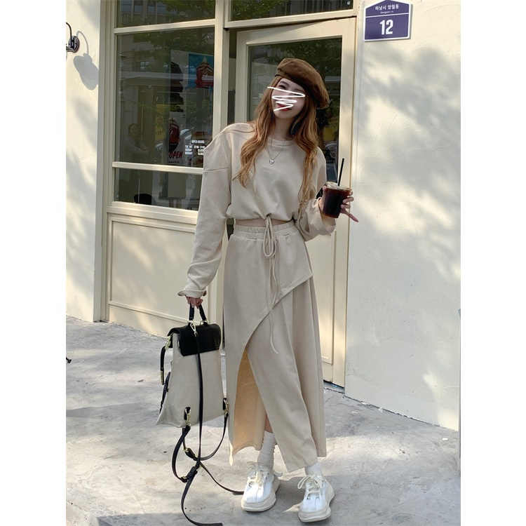 Set Áo Nỉ Dài Tay Cổ Tròn + Chân Váy Lưng Cao Thời Trang Hàn Cho Nữ