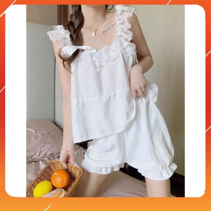 NAAAAA Bộ Ngủ 2 Dây Voan Kèm Quần Đùi Nữ , Áo 2s  Trắng Quần Short Ngắn Chất Lụa X066 ANNNNNN