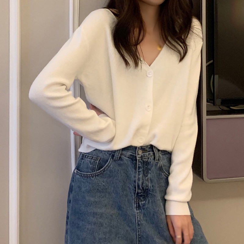 Áo cardigan dệt kim dài tay cổ V phối một hàng nút xinh xắn cho nữ