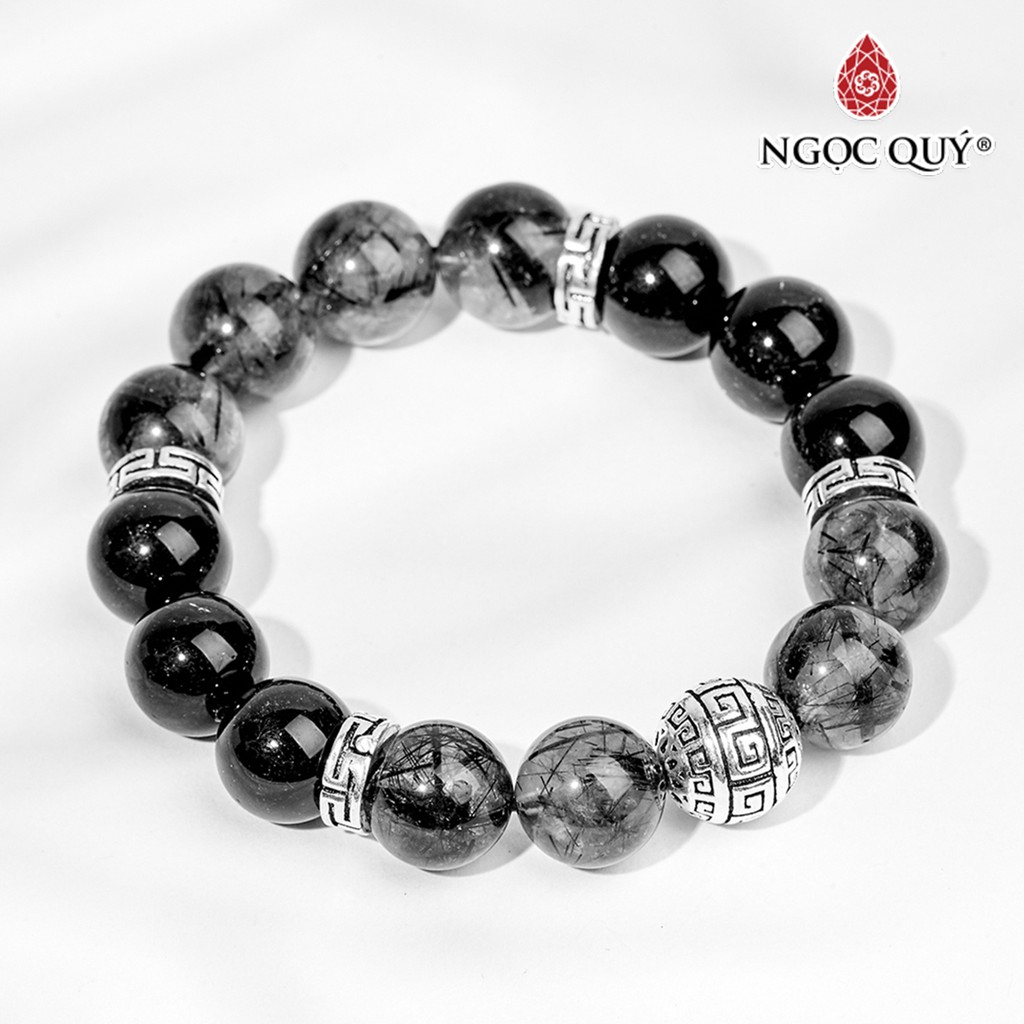 Vòng tay TA tóc đen charm cầu hạt 14mm - Ngọc Quý