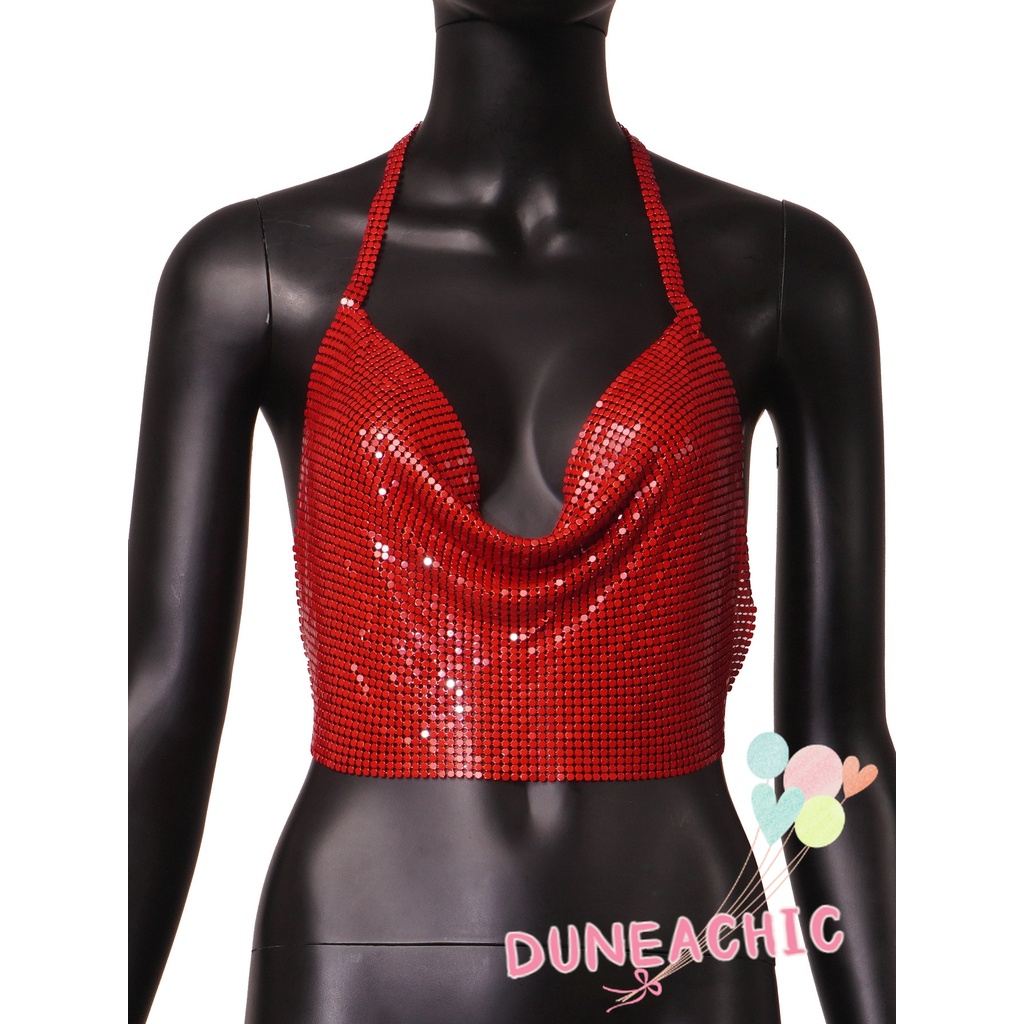 DUNEA Áo Croptop Hai Dây Kim Loại Lấp Lánh Gợi Cảm Cho Nữ