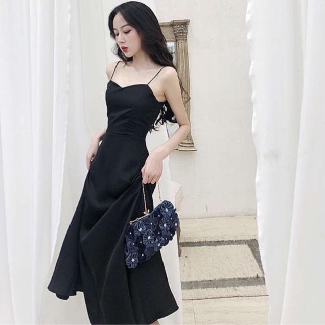 (Ảnh thật)(sẵn đỏ) Váy đầm maxi 2 dây hở lưng chéo dây dáng xoè bo chun eo màu đỏ đen mang đi biển đi chơi ྇ ་