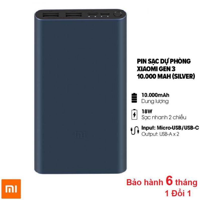 [BẢO HÀNH 6 THÁNG] SẠC DỰ PHONG XIAOMI GEN 3 CHÍNH HÃNG 2 10000 MAH CỔNG USB 1 TYPE C 1 MICRO USB