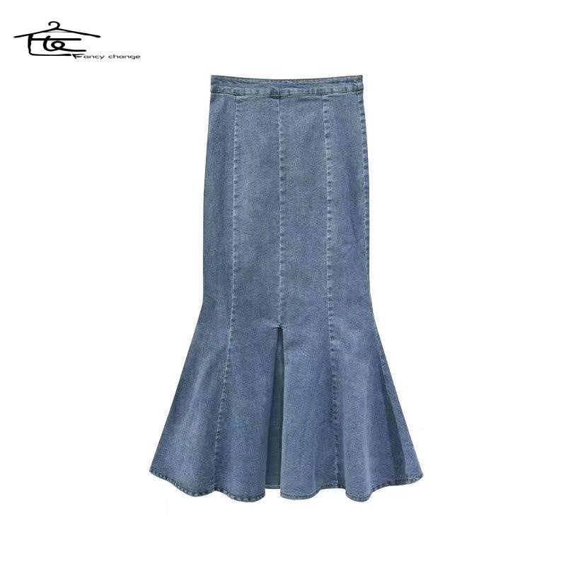 Chân Váy Denim Đuôi Cá Lưng Cao Dáng Chữ a Xẻ Tà Phong Cách Retro 150 Mẫu Mới Cho Nữ xs
