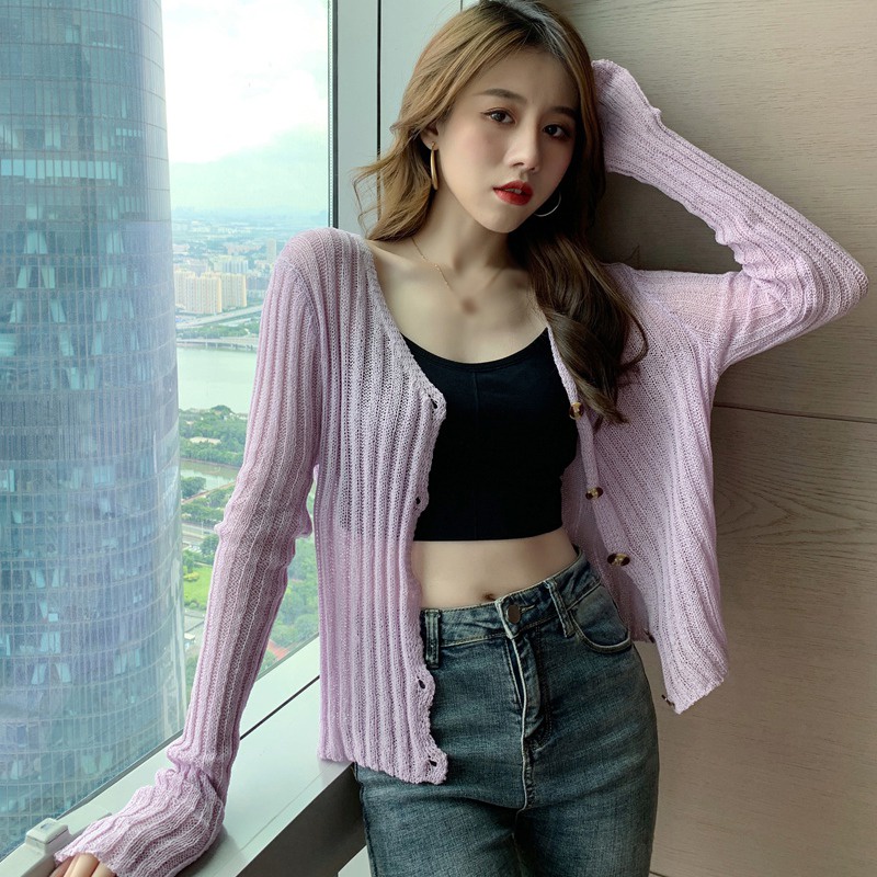 Áo Cardigan dệt kim mỏng tay dài cổ chữ V chống nắng