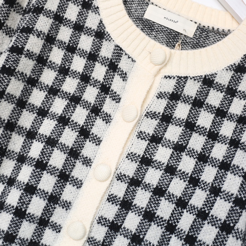 NUZIRO  Áo cardigan dáng ngắn tay dài cổ tròn họa tiết kẻ sọc caro phong cách Hàn Quốc