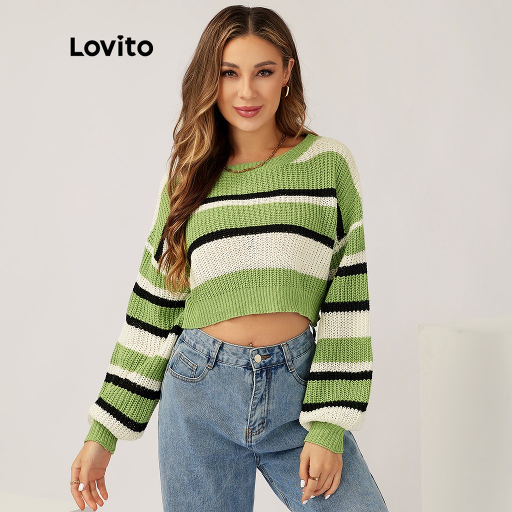 Lovito Áo len cổ tròn tay dài sọc thường L21LT107 (Xanh lá cây)