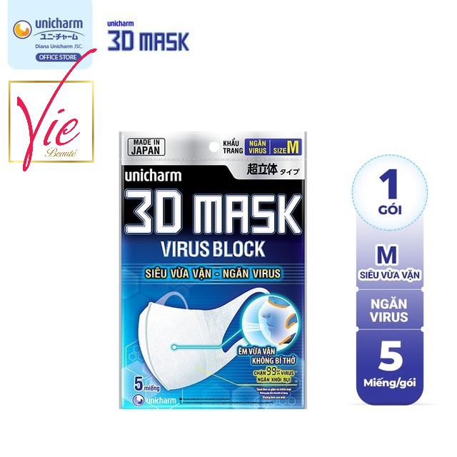 Khẩu trang 3D Mask Unicharm ngăn vi khuẩn Unicharm 3D Mask Virus Block - Size M