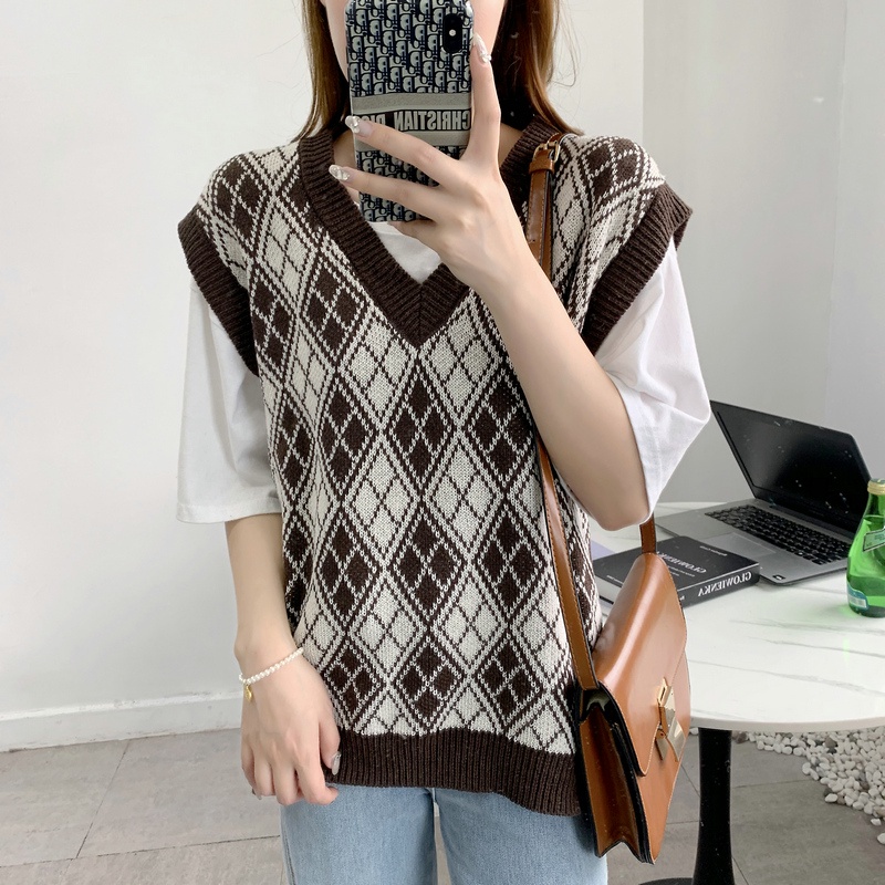 SUXI Áo Len Nữ Không Tay Cổ Chữ V Form Rộng Theo Phong Cách Vintage Đơn Giản