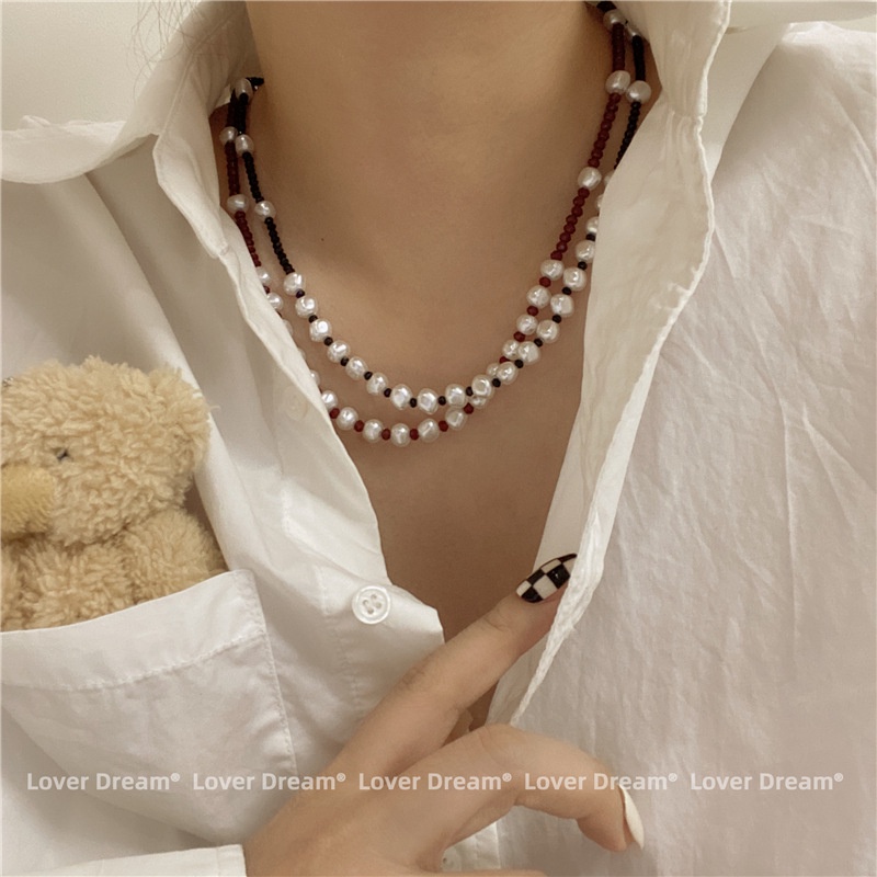 Dây Chuyền Ngọc Trai Màu Đen Đỏ Phong Cách Hàn Quốc 19A1302