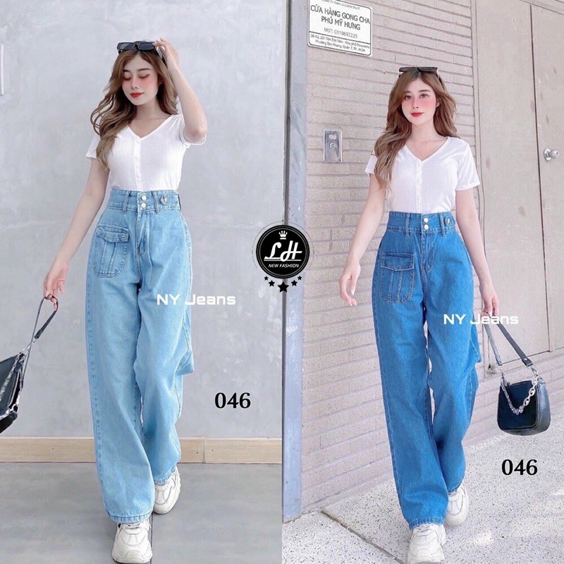 Quần bò ống rộng nữ cạp siêu cao, kiểu túi hộp Ms 46