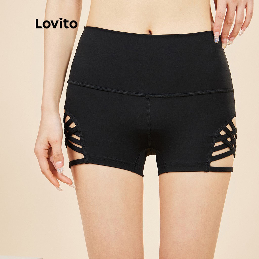 Quần ngắn thể thao Lovito lưng cao màu trơn phối chữ thập L15X228 (Màu đen)