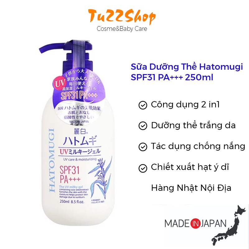Sữa dưỡng thể Hatomugi SPF31 PA+++ 250ml dưỡng thể chống nắng trắng da - Tu22 Shop | BigBuy360 - bigbuy360.vn