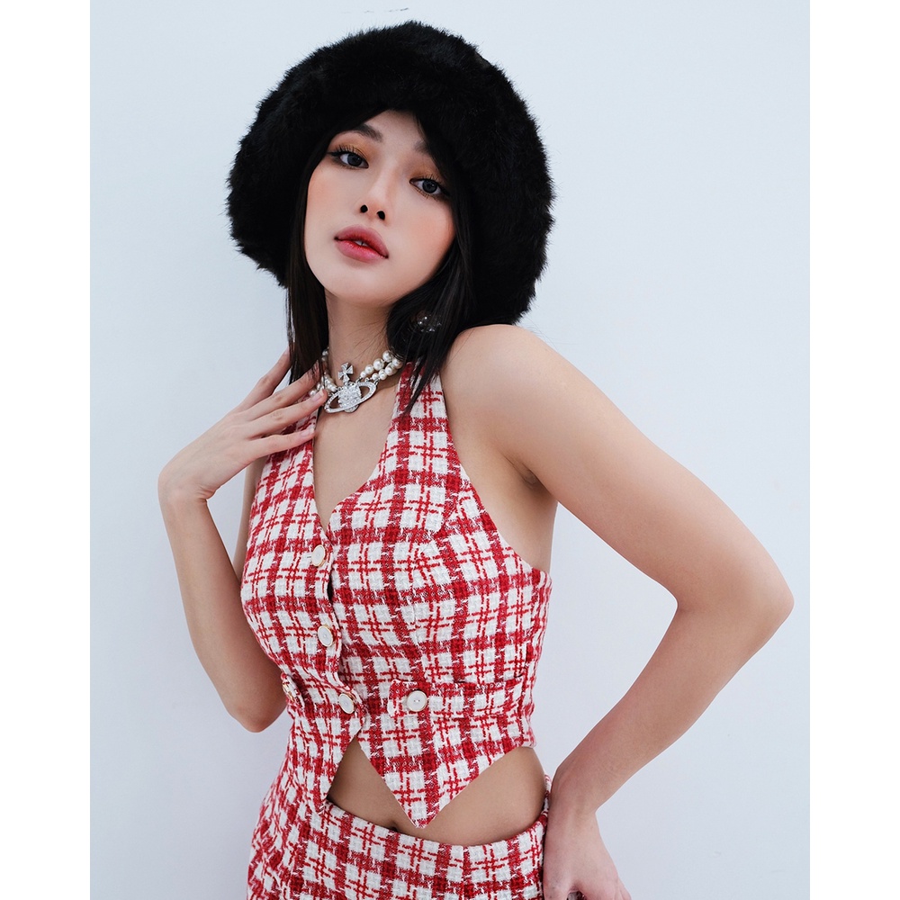 Áo croptop Shebyshj vải tweed sát cánh màu đỏ - Furla Top