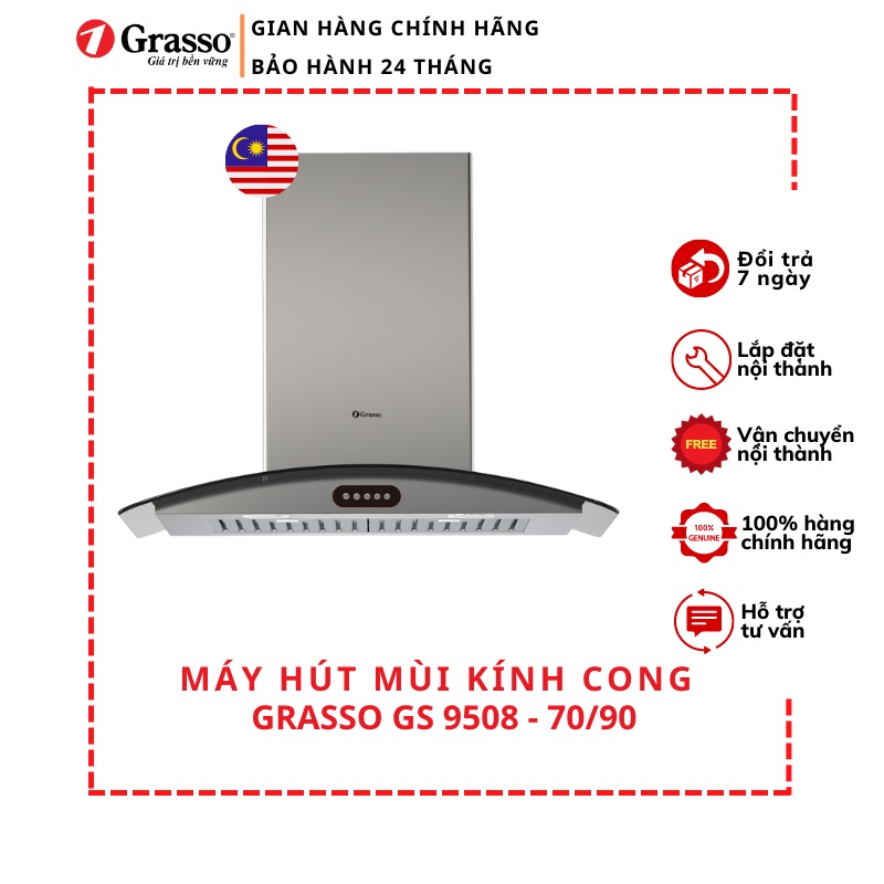 Máy hút mùi kính cong Grasso GS 9508 - 70/90 thiết kế hiện đại