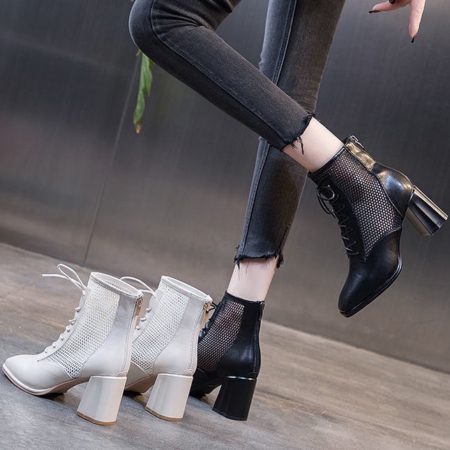 Giày Bốt Martin Cao Gót 2022 Thiết Kế Mới Phối Lưới Rỗng Thời Trang Xuân Hè Cho Nữ