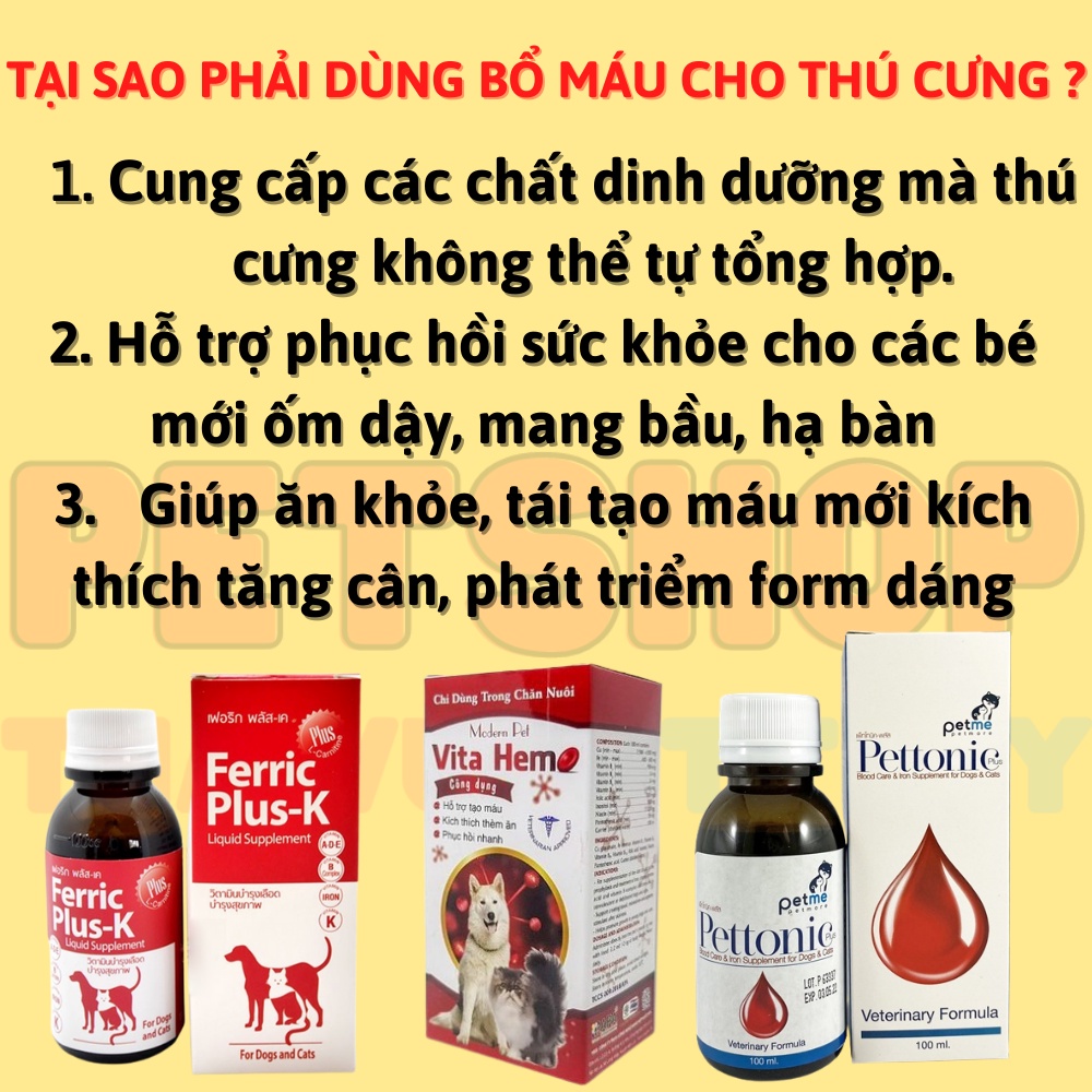 Bổ máu Vita Hemo Hỗ trợ tạo máu Kích thích thèm ăn Phục hồi nhanh CHO THÚ CƯNG CHÓ MÈO Chai 100ml Thương hiệu Thái lan