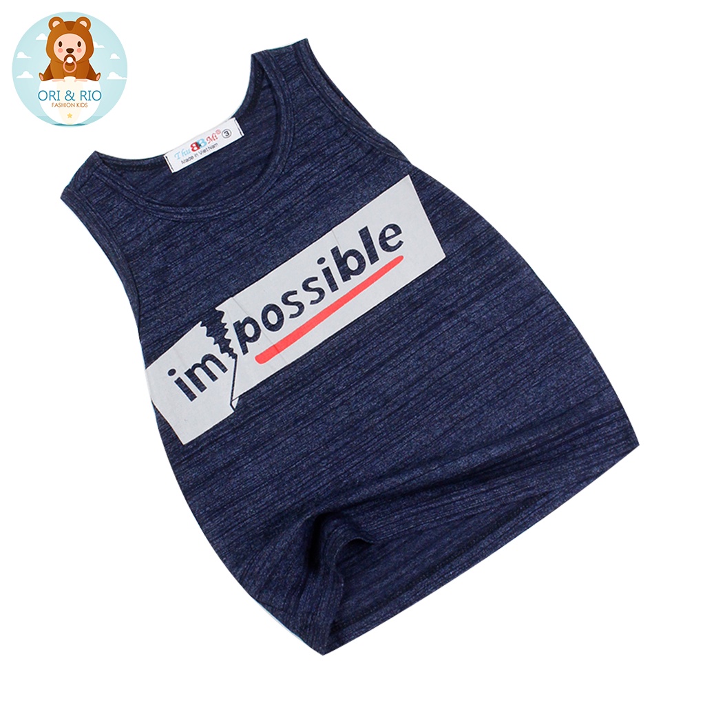 Áo bé trai ba lỗ thun xước xanh đen in chữ Impossible cổ tròn cho bé trai 1 đến 8 tuổi từ 6 đến 22 kg 06176