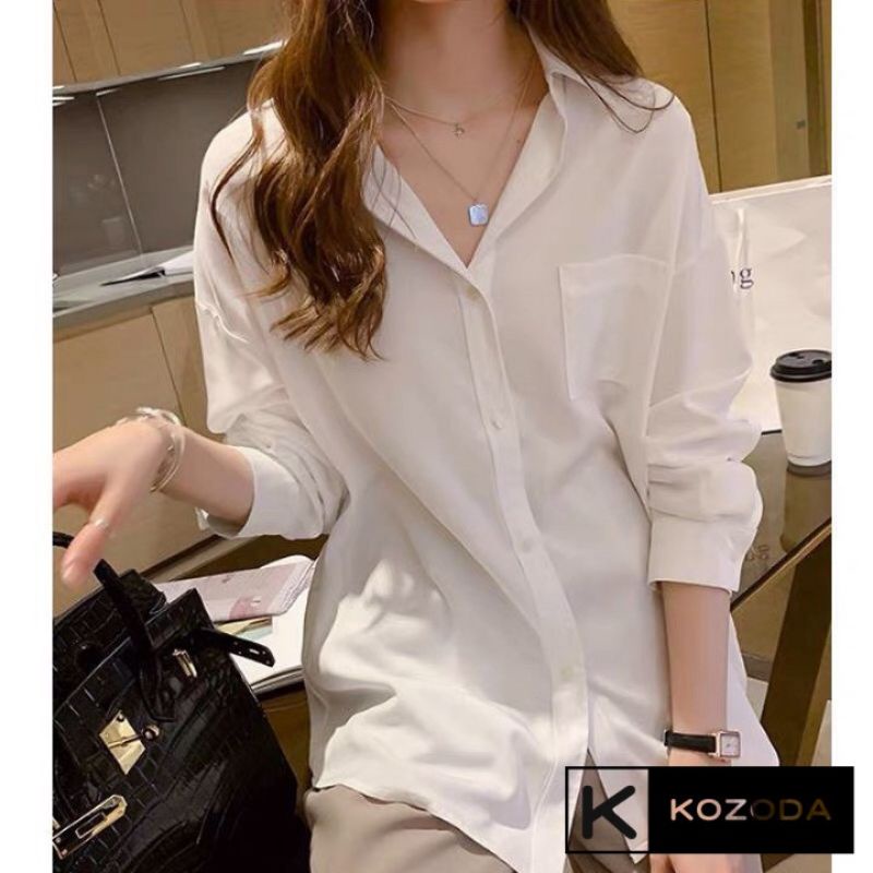 Áo Sơ Mi Kiểu Nữ Màu Trắng Chất Thô Hàn Đẹp Dài Tay Túi Trước Phong Cách Hàn Quốc Cao Cấp 02