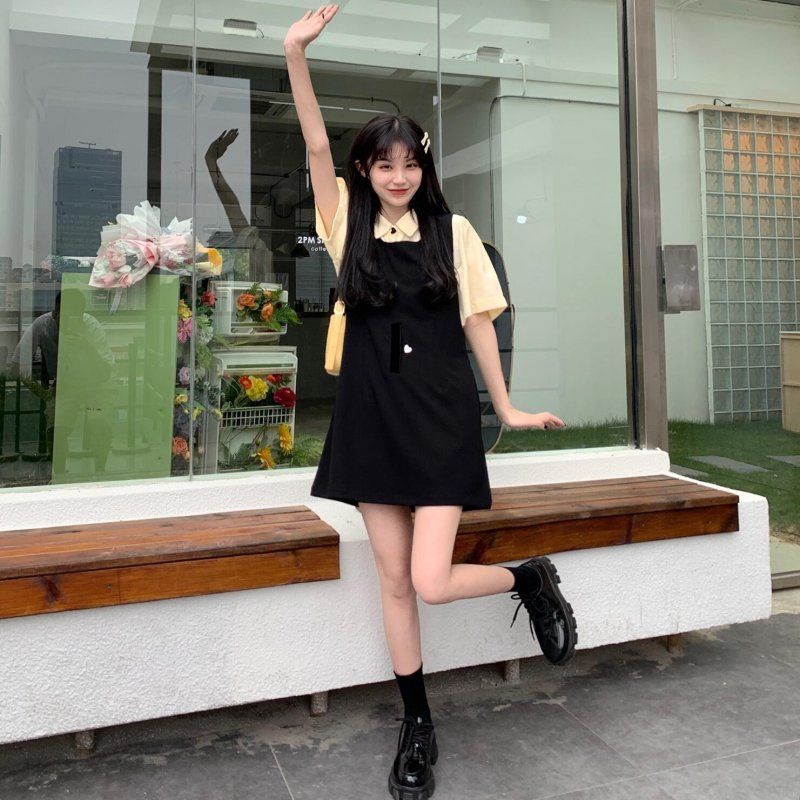 AMOI Bộ Áo Và Chân Váy Yếm Thời Trang Hàn Quốc 2022 Dành Cho Nữ
