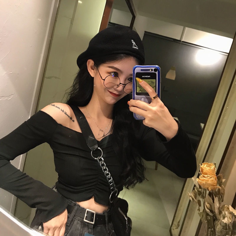 Áo Thun Tay Dài Hở Vai Cổ Suông Thời Trang Mùa Thu Phong Cách Mới Dành Cho Bạn Gái