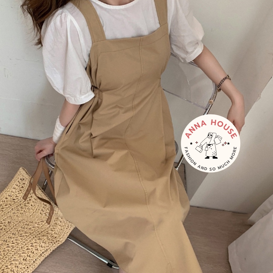 Set váy yếm nữ dáng dài suông rộng đai eo kèm áo sơ mi trắng - set yếm 2 dây bản to kèm áo tay bồng Ulzzang màu xanh, be