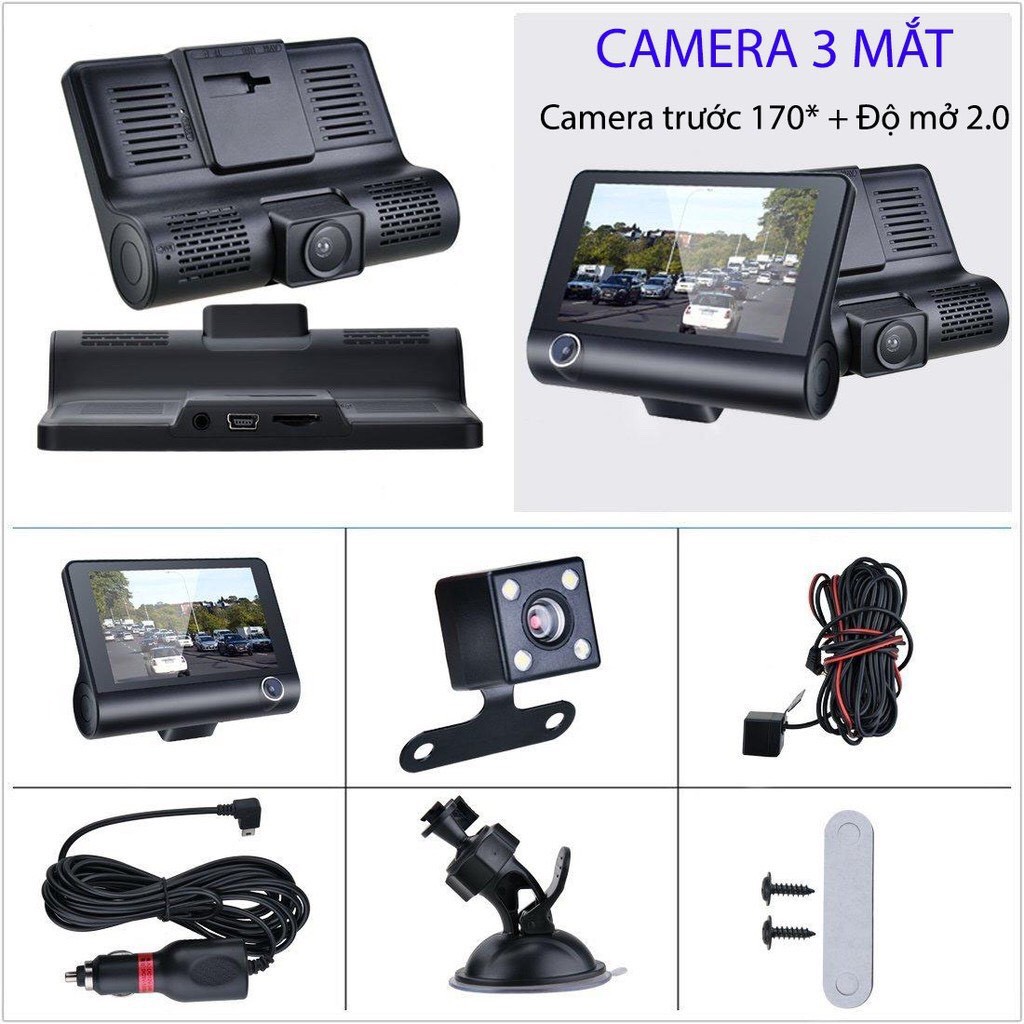 Camera hành trình ô tô 3 mắt camera, màn hình 4 inh full HD, ghi hình đa chiều, có chế độ ghi đè