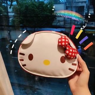 Bóp đựng đồ trang điểm, mỹ phẩm hình mèo Kitty chấm bi màu đỏ nơ phồng siêu xinh - 140KT02B (20x7x15cm)