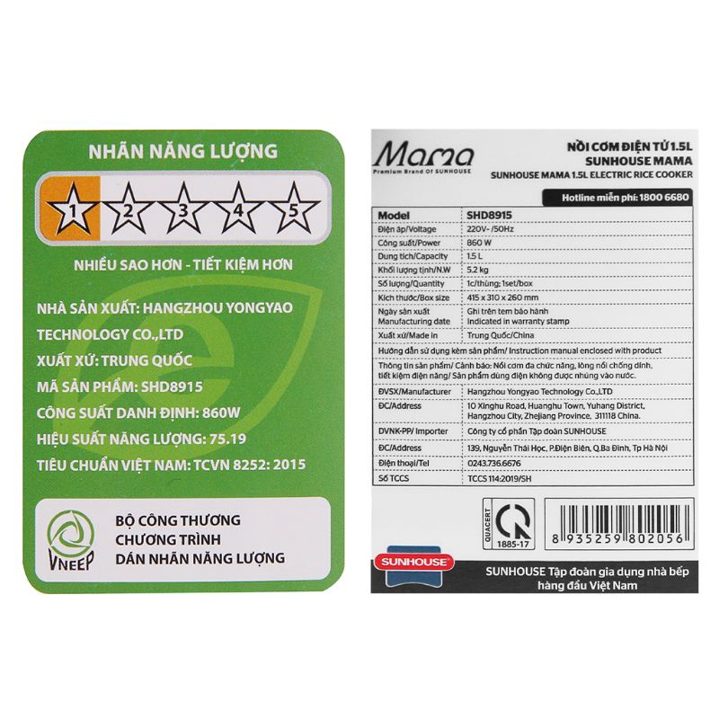 Nồi cơm điện tử Sunhouse mama 1.5 lít SHD8915 hàng mới 100% BH chính hãng 18T