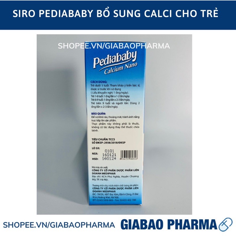 Siro PEDIABABY bổ sung calci cho trẻ, cải thiện tình trạng còi xương ở bé – Hộp 20 ống | BigBuy360 - bigbuy360.vn